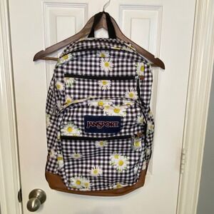 JanSport Right Pack Backpack Gingham Daisy Floral Print Brown Faux Leather Base